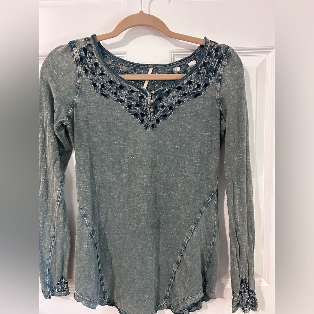 Free People Denim Blue Lace Knit Top